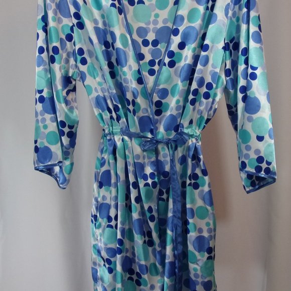 Kathryn Blue & Aqua Dots on White Sexy Short Satin Robe NWOT - Picture 3 of 8